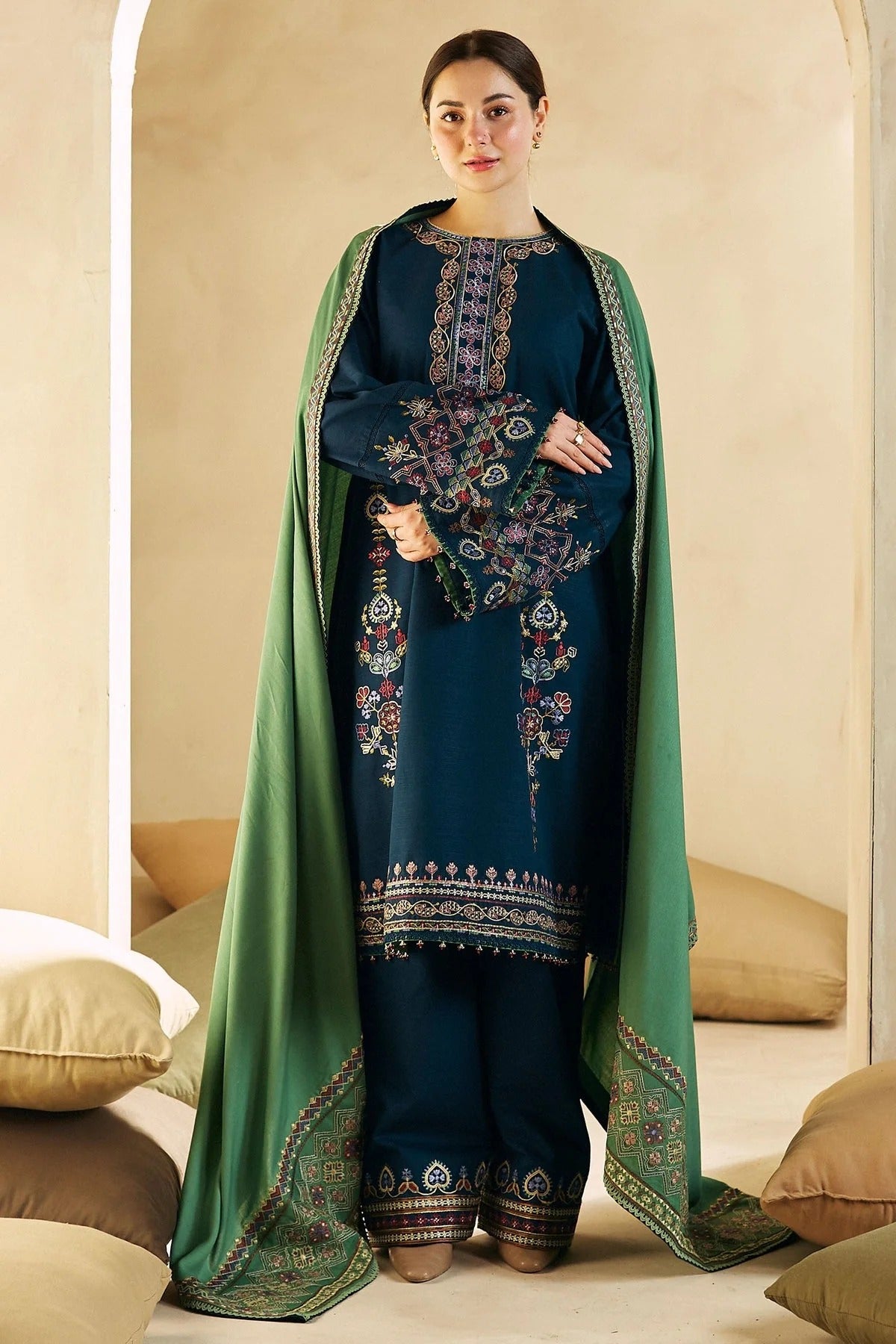 MFLN-1020 3PC DHANAK EMBROIDERED SUIT-PK-5746