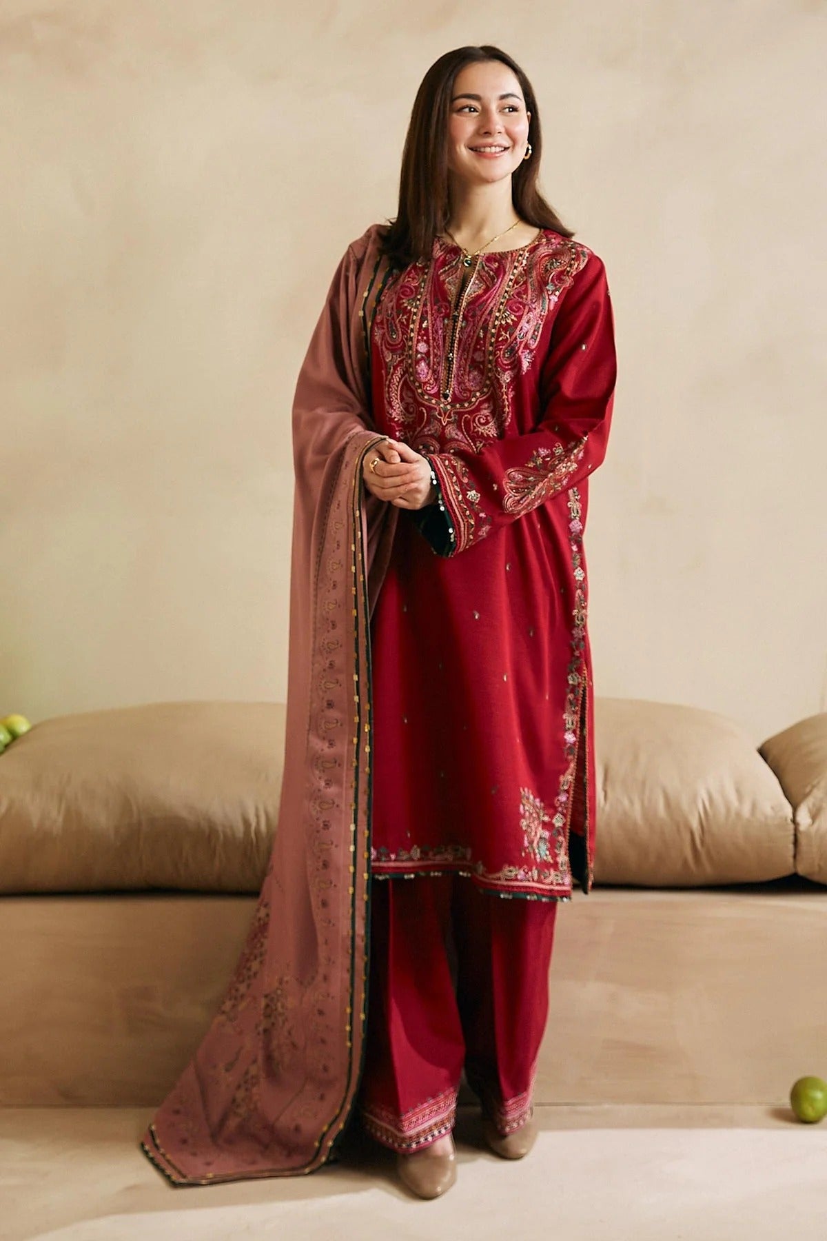 MFLN-1015 3PC DHANAK EMBROIDERED SUIT-PK-5746 PRINTED DUAPTTA AND TROUSER - HZG1503