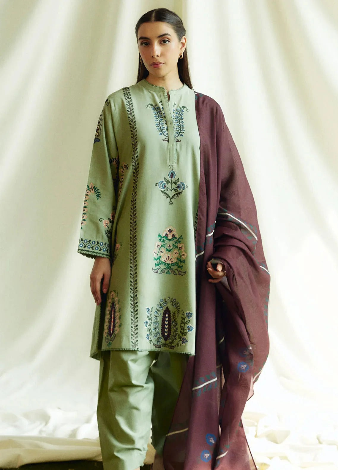 MFLN-1044 3PC DHANAK EMBROIDERED SUIT-PK-5746