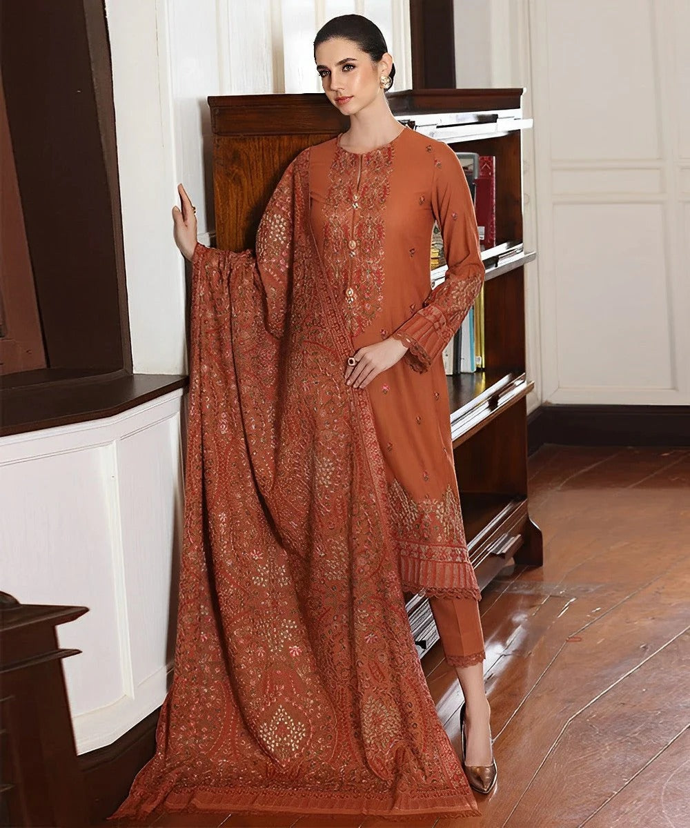 MFLN-1045 3PC DHANAK EMBROIDERED SUIT-PK-5746