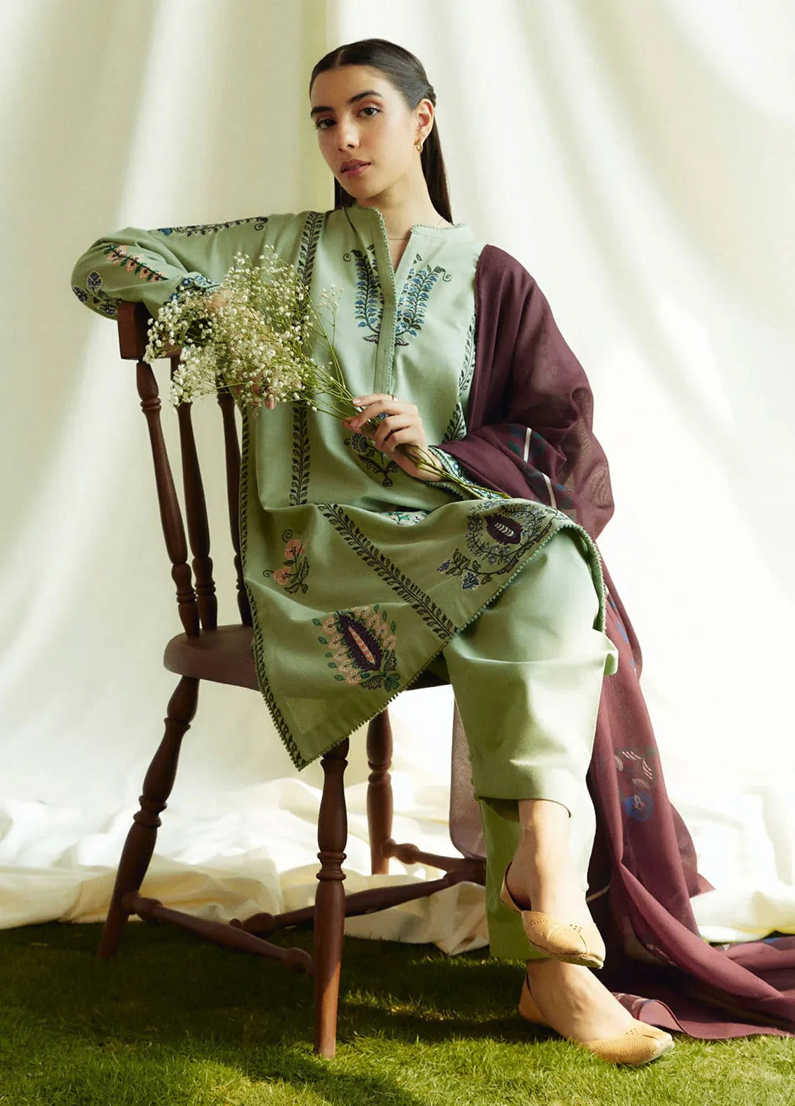 MFLN-1044 3PC DHANAK EMBROIDERED SUIT-PK-5746