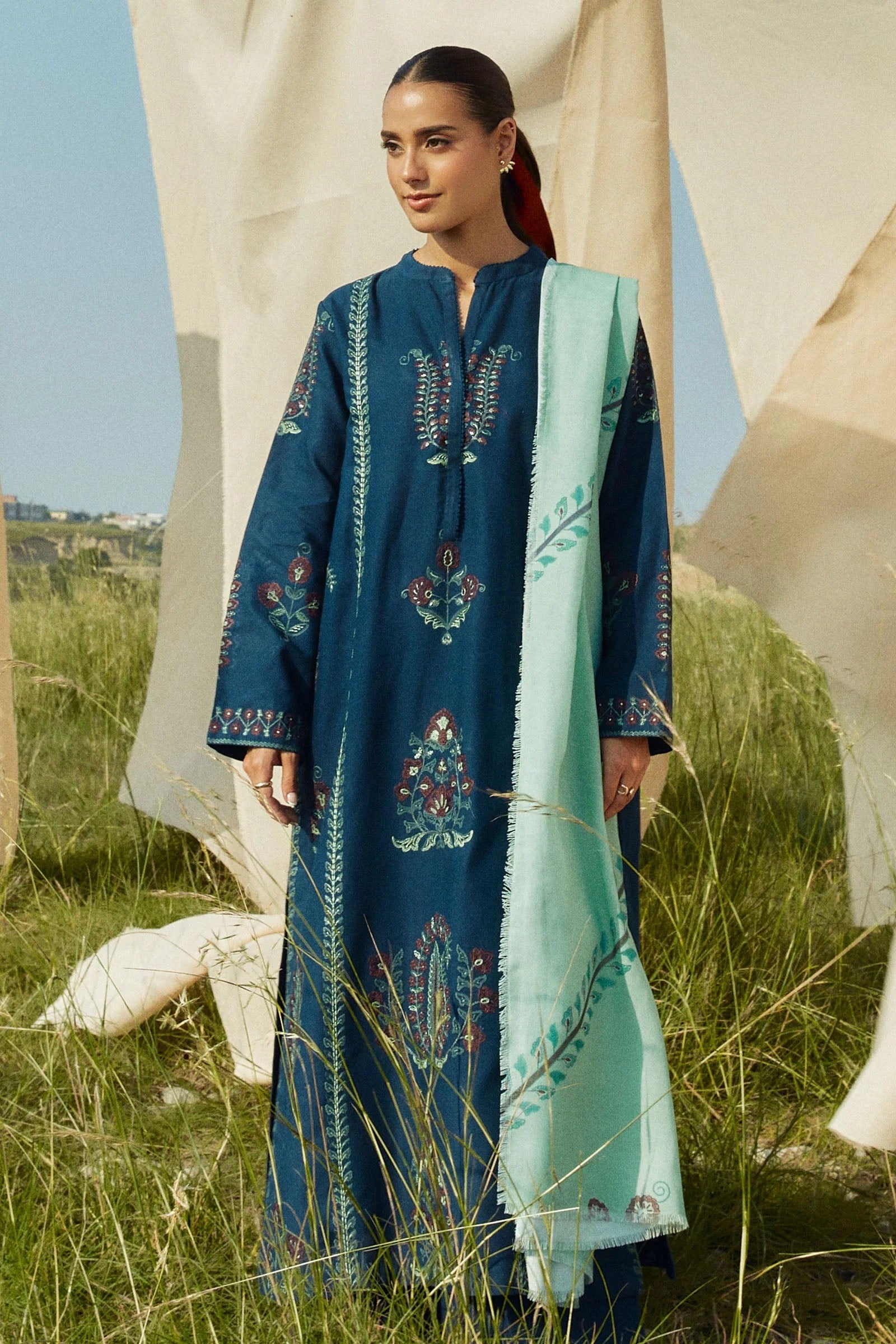 MFLN-1048 3PC DHANAK EMBROIDERED SUIT-PK-5746