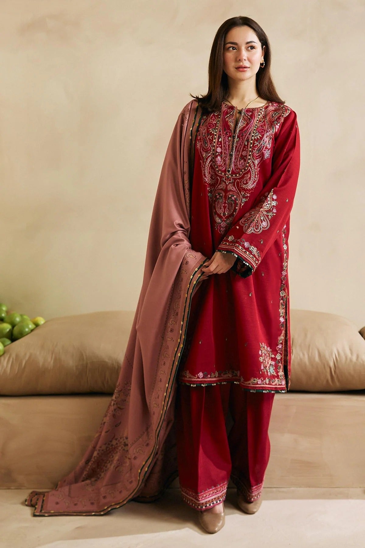 MFLN-1015 3PC DHANAK EMBROIDERED SUIT-PK-5746 PRINTED DUAPTTA AND TROUSER - HZG1503