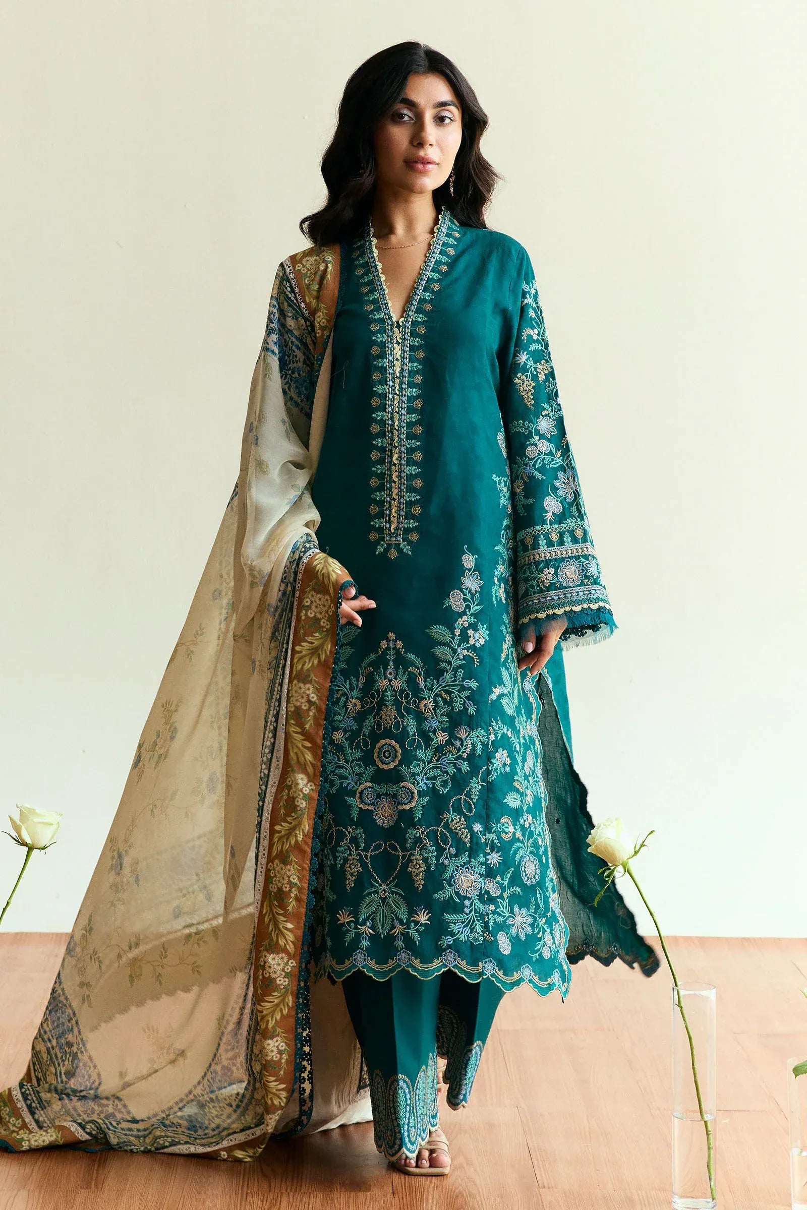 MFLN-1021 3PC DHANAK EMBROIDERED SUIT-PK-5746 CHIFFON PRINTED DUPATTA AND TROUSER - HZG2290